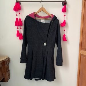 Rebe knee-length striped hood & speckled black swing coat (handmade, designer)